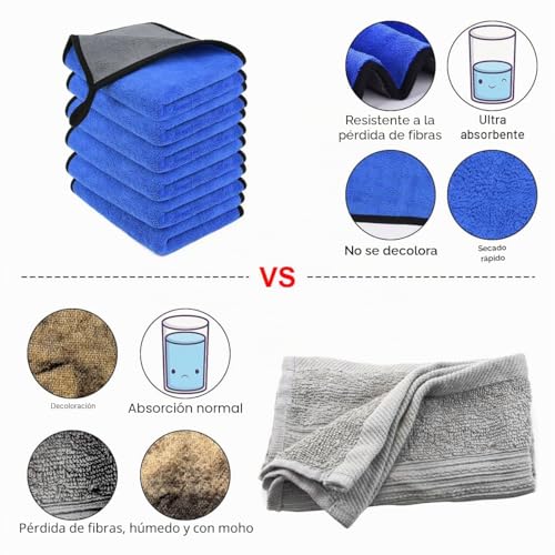 Miniatura 5 de Uraqt Paños De Coche, 6 Pcs Toalla Secado Coche, 500 Gsm Toalla Absorbente Coche, Juego De Paños Microfibra Limpieza De Versátiles Para Coche Moto Bici Cocina, 30x40 Cm