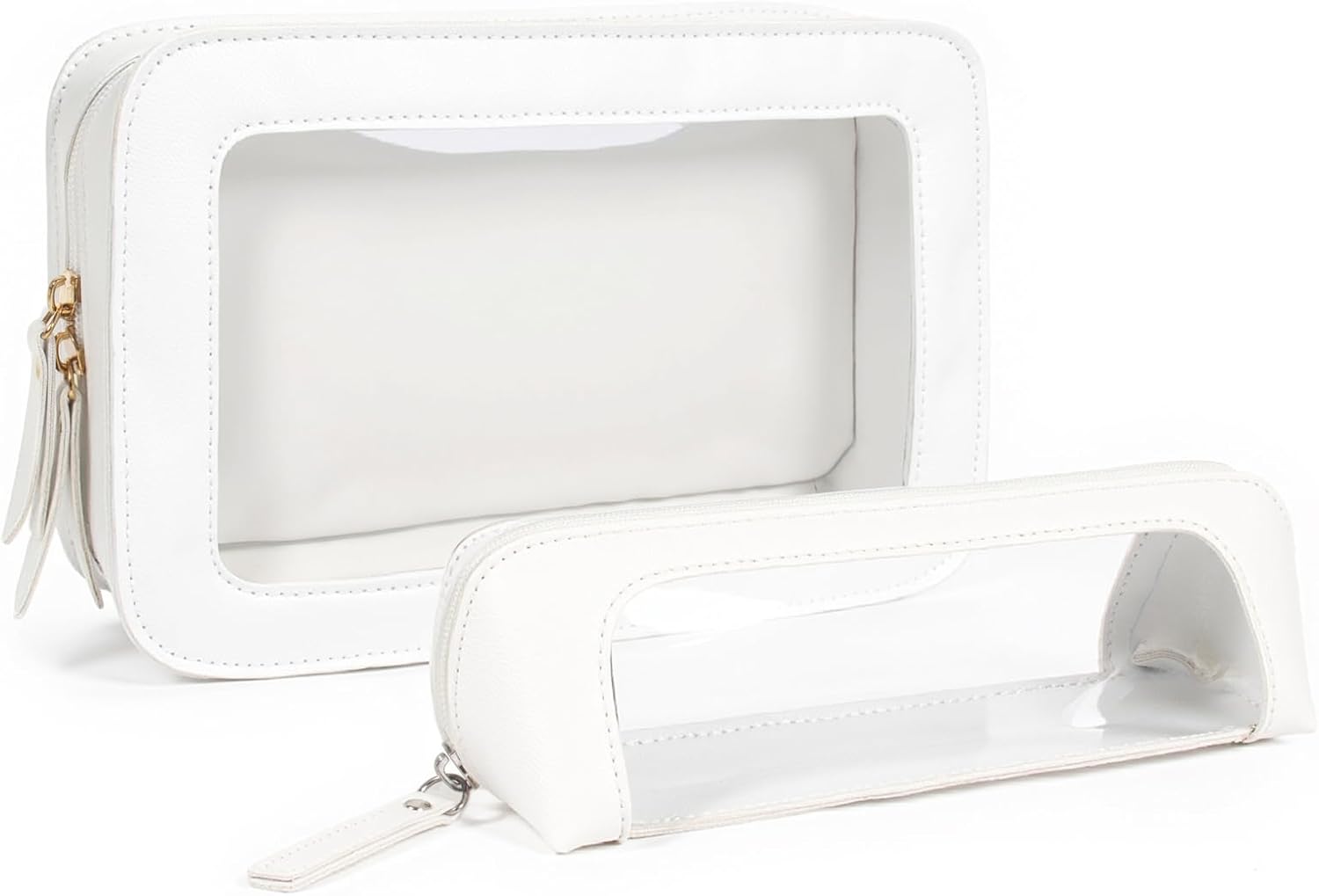 LETGO 2Pack Clear Makeup Bags Set, Small Clear Makeup Bag, PU Leather Travel Makeup Brush Case Portable Transparent Waterproof Cosmetic Organizer Pouch with Zipper for Women(2Pack-White Set) image 2