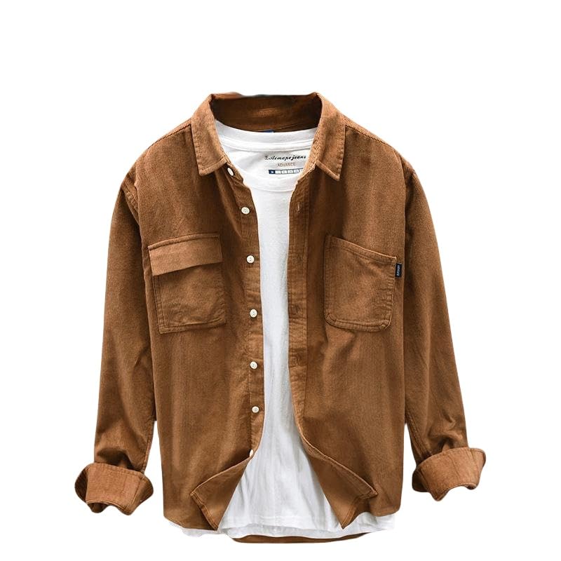 ACLCSHM Herren Langarm Cordhemden Button Down Cargo Cord Hemden Jacke Mit Taschen Einfarbig Weiches Warmes Trucker Shirt Revers Freizeitjacke Herbstmäntel Tops Braun L