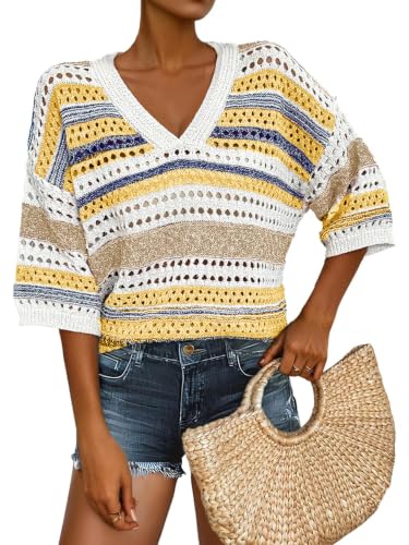 Image of Saodimallsu Womens Short Sleeve Sweaters V Neck Crochet Knit Striped Hollow Out Tops Beach Cruise Outfits