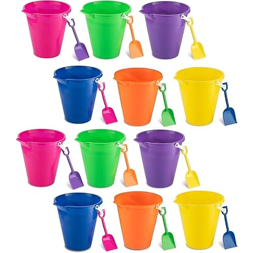 4E's Novelty 9" Large Sand Bucket with Shovel [12 Pack Bulk] Beach Buckets - Beach Toys for Kids & Toddlers, Party Favors Basket Holders, End of Year Student Gifts from Teacher