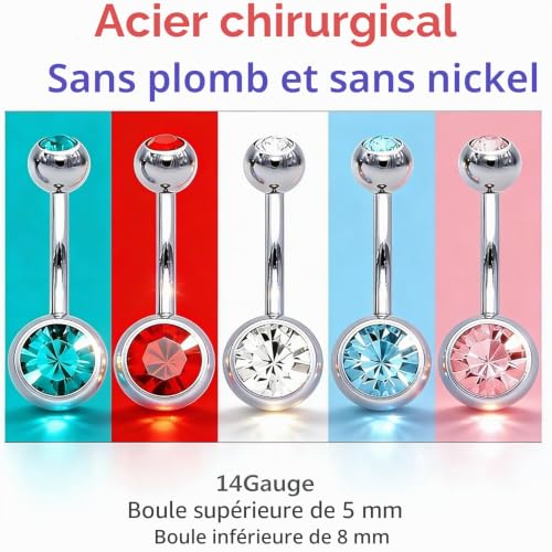 Amaza Piercing Nombril avec Deux Zircons, Lot de 20 couleurs Bijou de Percing Nombril en Acier Inoxydable, Bananes Anneau Nombrils avec une Pochette Rangement, Calibre 14G (1,6 mm x 11 mm) – vue 3