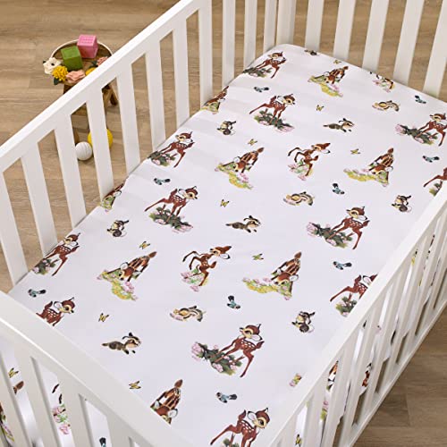 Disney Vintage Bambi - Tan, Green And White, Bambi And Thumper Floral Nursery Fitted Crib Sheet #TOP1