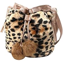 CLARA Women Faux Fur Bucket Bag Plush Drawstring Bag Shoulder Bag Crossbody Bag with Pompon Leopard