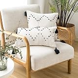 Boho Throw Pillow Covers 18x18 Set of 2 Tufted Pillowcase Woven Tribal Cream Cushion Cover with Tass