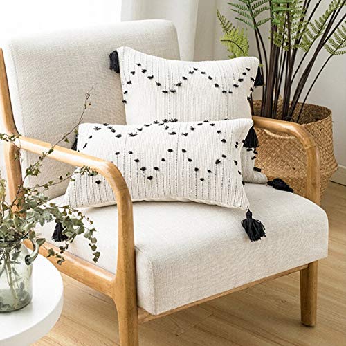 Boho Throw Pillow Covers 18X18 Set Of 2 Tufted Pillowcase Woven Tribal Cream Cushion Cover With Tassles, Small Lumbar Accent Pillow Case For Farmhouse #TOP4