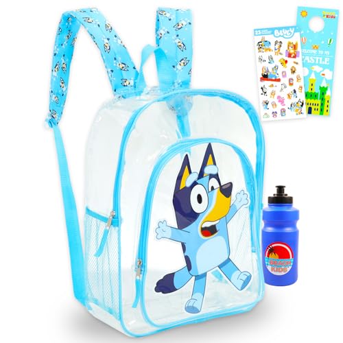 Image of Bluey Clear Backpack - Bundle with 16" Clear Backpack for Girls Plus Water Bottle, Stickers, More | Transparent Bluey Backpack for Kids School Supplies