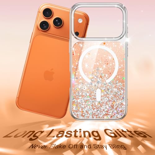 JETech Capa Glitter para iPhone 17 Pro Max 6,9 Polegadas Compatível com MagSafe, Transparente e Fofa com Brilho para Mulheres e Meninas, Case Brilhante Magnética (Laranja)