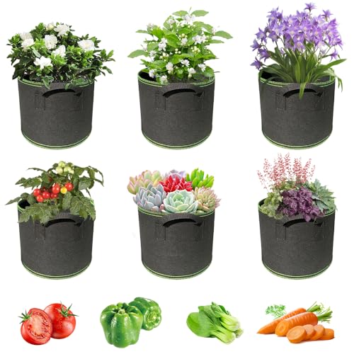 KBIBCK 5 Gallon Grow Bags, 6-Pack Plant Grow Bags, Non Woven Fabric Plant Pots, Garden GrowBags with Handles,Heavy Duty Breathable Vegetable PlanterBags,GrowBags for Potatoes Tomatoes Flower Fruits