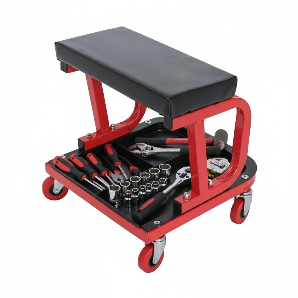 Sbz Heavy Duty 150kg Capacity Rolling Mechanics Stool | Soft Padded Creeper Stool Trolley with 4 Compartment Rolling Tool Tray | 4 Universal Casters, Heavy Duty Garage Workshop Seat Chair