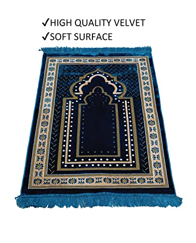 Tb Muslim Prayer Rug Thick, Islamic, Soft Velvet Mat Ramadan Gift, With Prayer Bead Unique Decoration Gilded Gold-Like Embroidered For Women Man Kids Meditation Turkish African (Blue) #TOP4