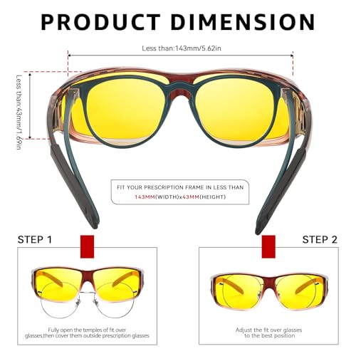 TJUTR Night Vision Driving Glasses Fit Over Eyeglasses for Men Women, Anti Glare Polarized Yellow Lens for Nighttime TN25123