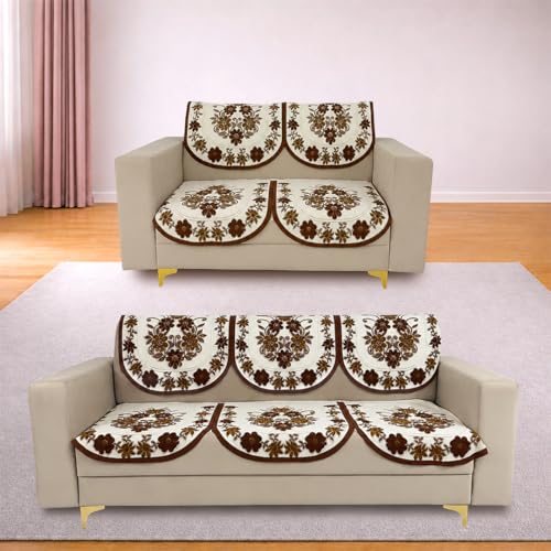Image of Homerz Premium 'Surya Series' Sofa Cover | Stylish Sofa Protector | Net Fabric | Anti-Stain & Washable Slip Cover Exact Size Antislip (Daisy Brown, 5 (3+2) Seater, Seat Cover with Backrest)
