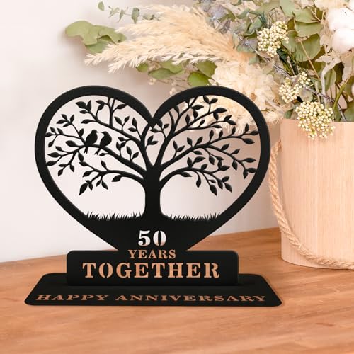 Golden Anniversary Wedding Gifts for Couple, 50th Wedding Metal Tabletop Decor with Engraved Heart,...
