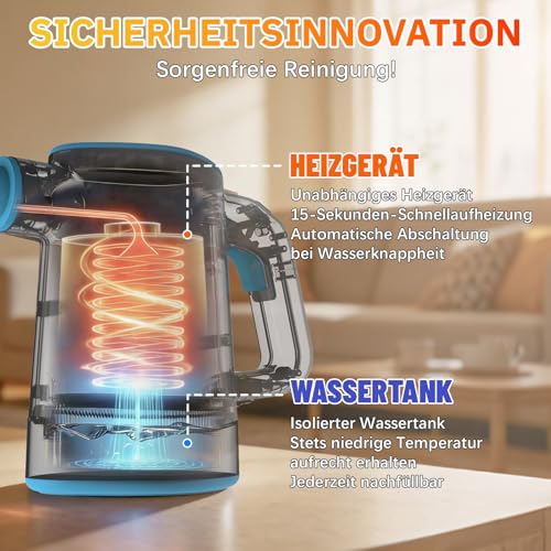 Dampfreiniger, Handdampfreiniger mit 12-Teiligem Zubehör, 450 ml Abnehmbare Tank, 15s Sofortaufheizung 1200W Mehrzweck Steam Cleaner,Chemiefrei Dampfreiniger für Haushalt, Küche, Bad, Fenster, Auto