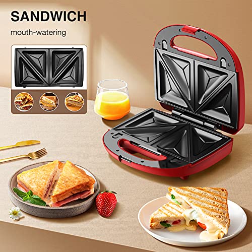 Sandwich Maker, Waffle Maker, Sandwich Grill, 3-in-1 Removable Non-Stick Plates, Grill Cheese, Food Grade Premium Stainless Steel, Cool Touch Handle, Suitable for Breakfast, Lunch, Snacks, 750W, Red