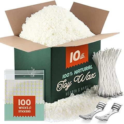 Hearth & Harbor Soy Candle Wax for Candle Making, Natural Soy Wax for Candle Making 10 lb Bag with Supplies, 100 Cotton Candle Wicks, 100 Wick Stickers, 2 Centering Devices - 10 Pounds Soy Wax Flakes Cover
