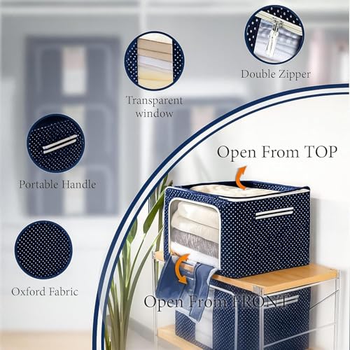 Image of CLAPONE Foldable Steel Frame Cloth Organizer Storage Box and Organiser /Wardrobe Organizer for Storage /almirah for Sarees /Shirts /Blankets /Clothes Storage Box (Blue, 66 Ltr - Pack of 4)