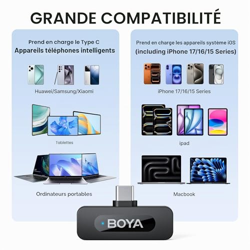 BOYA BY-V20 Microphone sans Fil pour iPhone 15/16, Android, Mini Micro, 48 kHz/16 Bits, 9h D'utilisation, Suppression du Bruit, Micro Cravate USB-C, Mode Muet, Micro Cravate sans Fil à Clip 360° – vue 6
