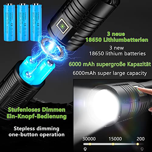 ASORT Taschenlampe Led Extrem Hell 1000000 Lumen, USB Aufladbar Taschenlampen Mit 6000mAh AKKU, IPx67 Wasserdicht 5 Lichtmodi für Camping Wandern Notfälle (3 * 18650 Akku) – Bild 4