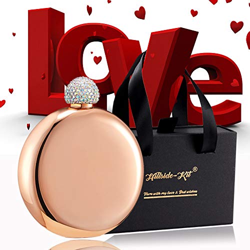 Hillside-Kit Booze Shot Flask- Ab Crystal Lid Creative 304 Stainless Steel Wine Alcohol Liquor Flask For Women Girls Men Party Hand Size Flask-5Oz (Rose Gold) #TOP4