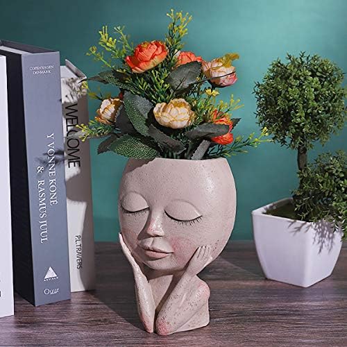 FUBAO Female Head Design Succulents Plant Pot Outdoor Resin Planter, Face Planters Pots Head Vase for Indoor and Outdoor (Lift face)