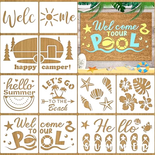 12Pcs Summer Stencils for Door Mats Reusable Hello Summer Beach Welcome Stencils for Painting Hawaii Camper Drawing Templates for Painting on Wood Signs Doormat Door Hanger Canvas DIY Art Crafts