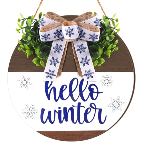 Moucuny Winter Door Sign for Front Porch Snowman Snowflake Wooden Hanging Wreath Let It Snow Hello Winter Door Hanger Welcome Sign with Bow Farmhouse for Home Porch Decor(Navy Blue)