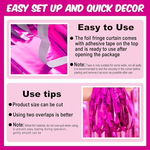 Image of 3 Pack Fuchsia Foil Fringe Curtains Backdrop, 3.28 x 9.8 Ft Metallic Streamers Tinsel Curtains Background for Photo Booth, Birthday, Halloween, Christmas, Thanksgiving, New Year Party Decorations