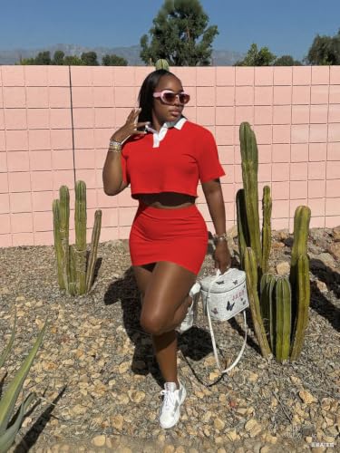 Image of HBQ Women's Casual 2 Piece Skirt Sets Polo Collar Crop Top Striped Mini Dress Summer Vacation-Stripe