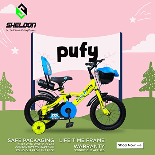 Image of SHELDON Cycle for Boys /Girls Puffy 14 T MTB Single Speed Bike with Front Suspension & Wire Brake Bicycle for Kids, 3 to 6 Years (Floro Green)