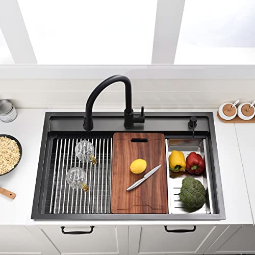 33X22-Inch Black Drop In Splash Guard Kitchen Sink Workstation - Vokim 33 Inch Single Bowl Kitchen Topmount Sink 16 Gauge Stainless Steel 10'' Deep Handmade Kitchen Sink With Cutting Board& Strainer #TOP2