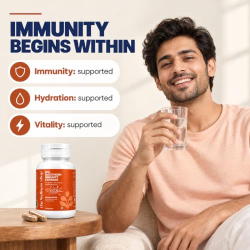 Image of The Wellness Shop Sea Buckthorn Capsules | Omega 3, 6, 7 & 9 + Ashwagandha | Boost Immunity, Improve Metabolism & Liver Health | Ayurvedic Supplement for Skin & Hair | 60 Count