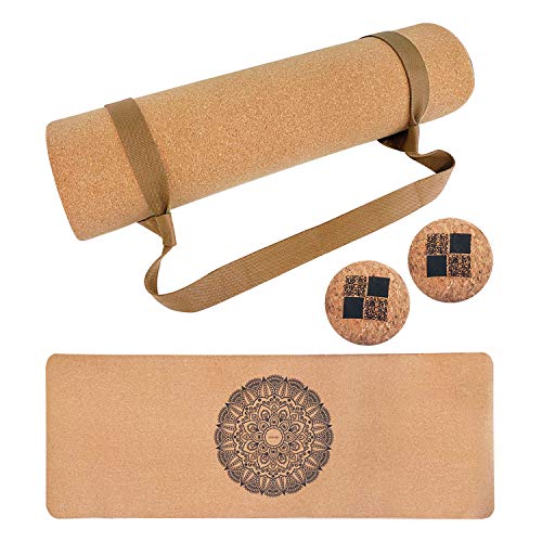 MENKAI - Esterilla de Yoga-Incluye Correa de Transporte y 2PC Bola para Masajes-100% Ecológicos Corcho - Esterilla de Deporte Antideslizante - Yoga Mat de 183x65cm