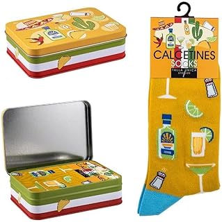 DRW Pack Regalo Calcetines Tequila Color Amarillo Talla Unica en Lata de Metal Talla Unica