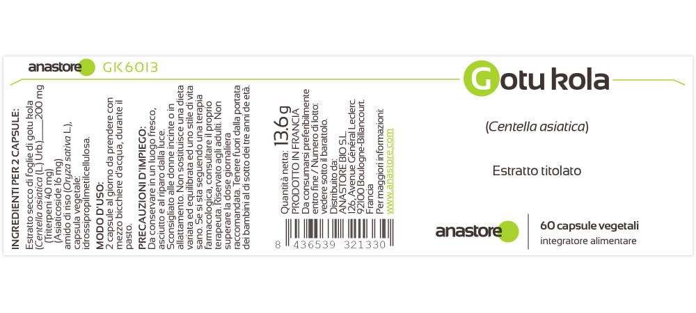 CENTELLA ASIATICA (GOTU KOLA) * 100 mg / 60 capsule * Titolato al 20% in triterpeni, all’8% in asiaticoside e al 5,5% in madecassoside