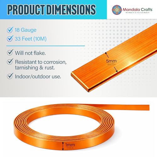 Image of Mandala Crafts 5mm Orange Flat Aluminum Crafting Wire for Sculpting | 33 FT, Anodized, Colored, Tarnish Resistant, Bendable, Flexible, for Jewelry Making, Bezel, Bonsai, Armature, Outdoor