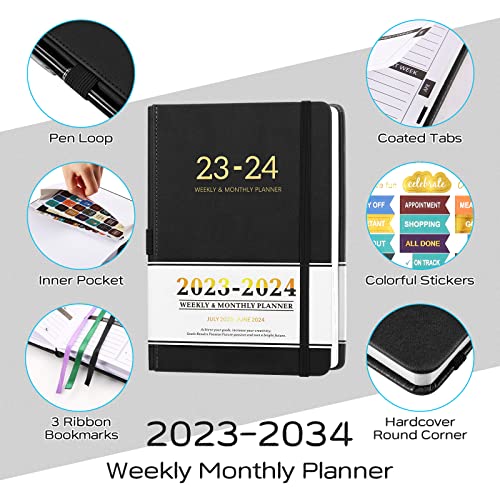 2023-2024 Planner, Jibeufi Weekly & Monthly Planner From July 2023-June 2024, Academic Hardcover Planner 2023-2024, 5.8" X 8.4" Thick Paper Planner With Stickers, Pen Loop, Inner Pocket, Coated Tabs (Black) #TOP1
