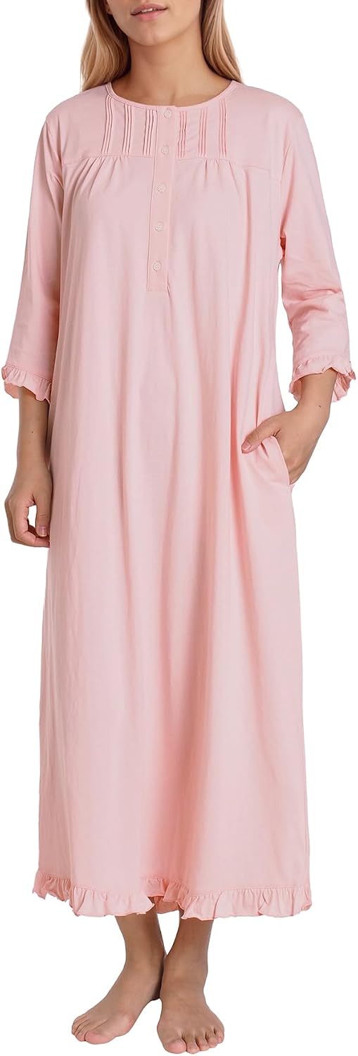 Women's 3/4 Sleeve Cotton Nightgown with Pockets