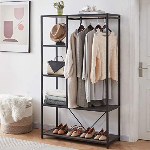 LVB Free Standing Closet Unit, Wood and Metal Garment Rack with Shelves for Room, Open Wardrobe Closet Organizer and Storage for Clothes, Clothing Rack with Shelves in Entryway, Gray Oak Black