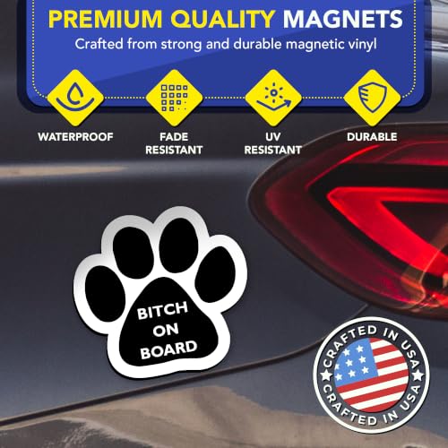 Image of Bitch on Board Pawprint Car Magnet 5 Inch 2 Pack, Dog Lover Gift