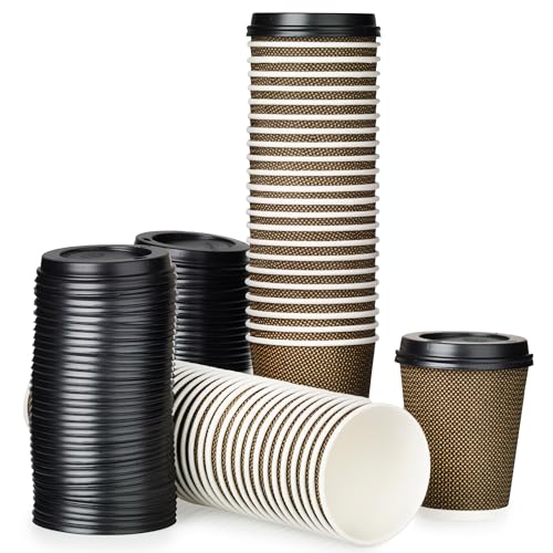 Signature Packaging - Luxury Ripple Paper Cups - 12oz / 354ml - 50 Pack - Insulated Takeaway Coffee Cups Disposable with Lids