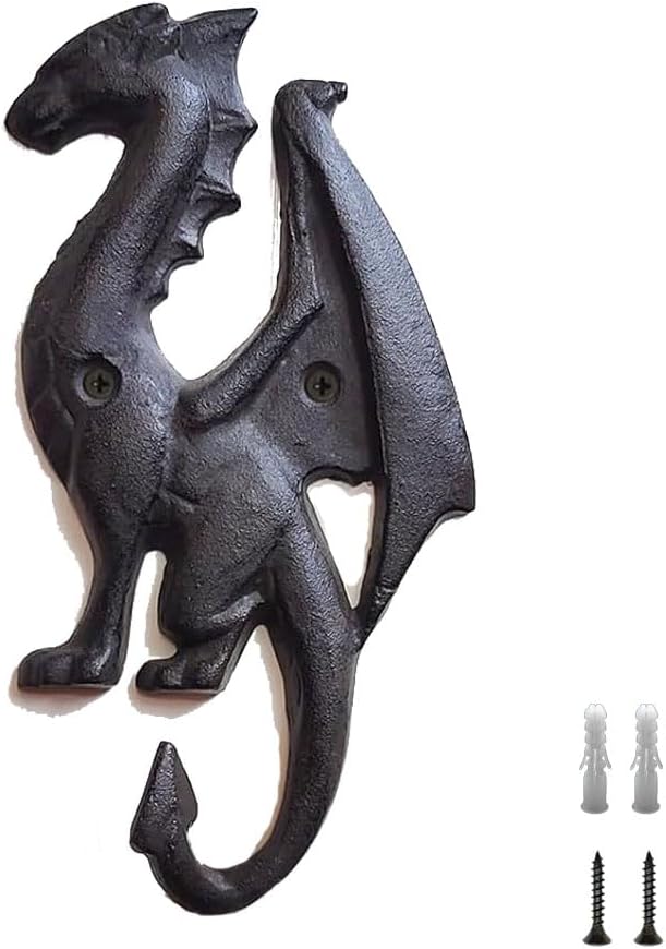 Dragon Cast Iron Wall Mount Hooks - Vintage Heavy Duty Rustic Decorative Dragon Wall Hook for Hanging Coats, Hat, Keys, Towels, Gardening Tools - Fantasy Medieval Home Decor for Indoor Outdoor