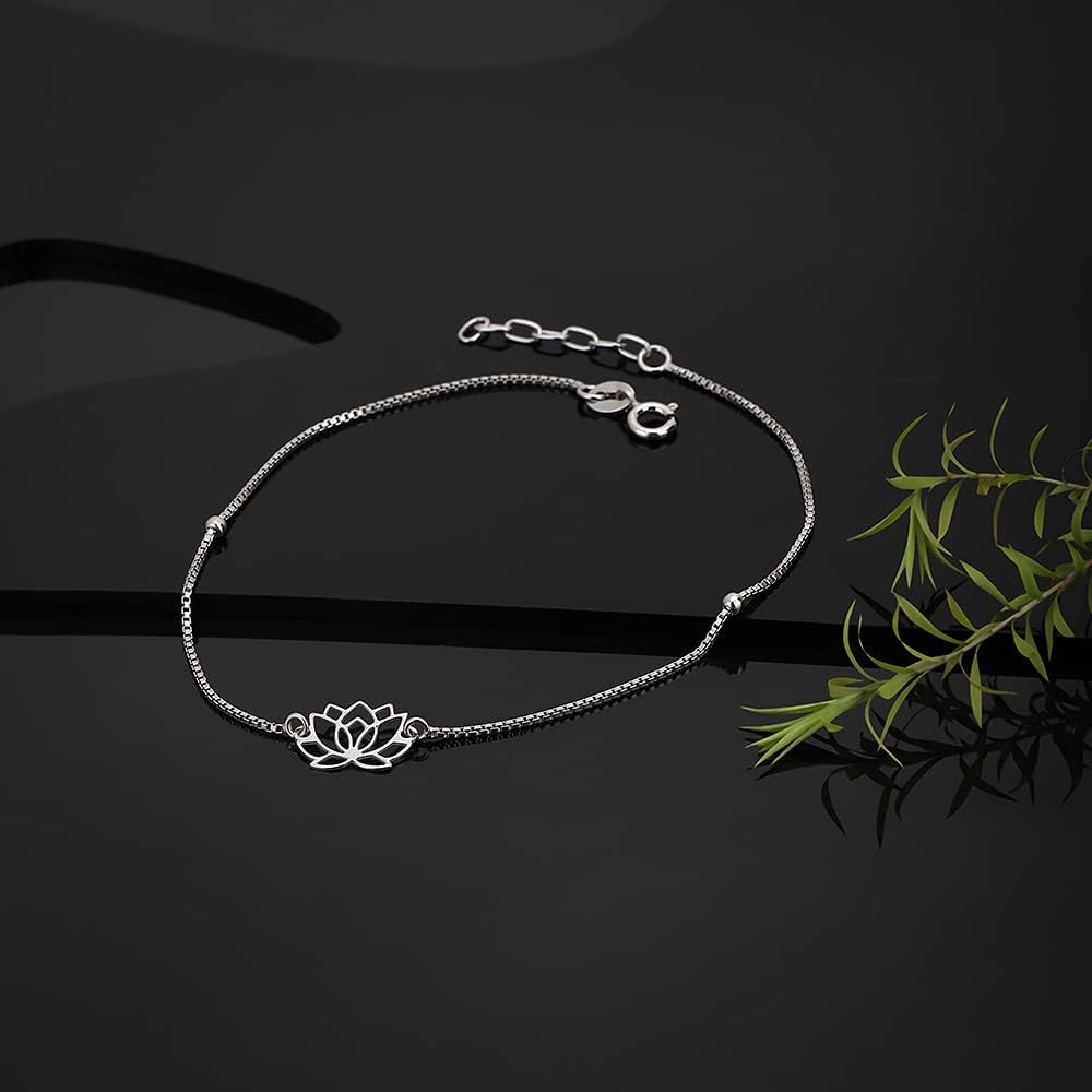 Vanbelle Sterling Silver Jewelry - Rhodium Plated with 925 Stamp - Nature-Theme Lotus-charm Anklet - Elegant handcrafted Chain Anklet for Women - 9" long + 1" extender - Image 6