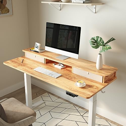 Image of FEZIBO 48 x 24 Inch Whole-Piece Height Adjustable Standing Desk with Double Drawers, Sit Stand Desk, Home Office Stand Up Table with 4 Height-Adjustable Feets & 2 Hooks, Light Rustic Top