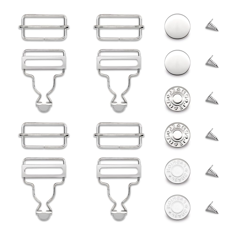 Jamsinmu Dungarees, button and buckle Set – 4+6PC Overalls Buckles Metal Adjustable Suspenders Clips with Suspender eyelets 25mm, Silver, 25mm*4