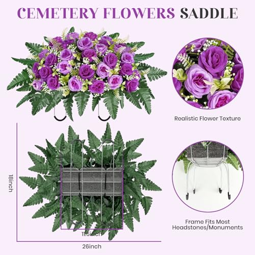 ICX Cemetery Flowers for Grave Saddle, Artificial Rose Memorial Flowers, Headstone Flower Saddle, Cemetery Memorial Flowers for Outdoor Tombstone Decorations for Remberance (Purple image 3