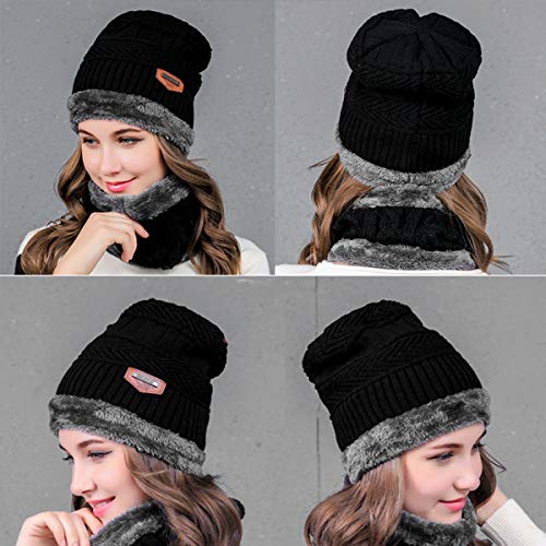 Conjunto de gorro de inverno feminino masculino com laço de círculo, conjunto de cachecol de lã reve