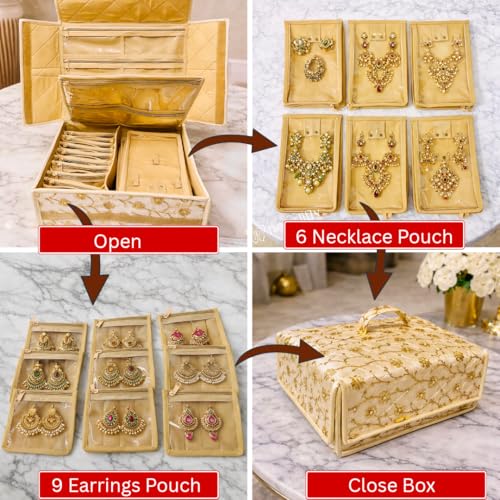 Image of Trendifly Silk Royal Flower Design Jewellery Organiser Bag | Travel Makeup Cosmetic Jewelry Storage Organizer Box For Bridal Women Earrings Bracelet Necklace (Cream Tikki)