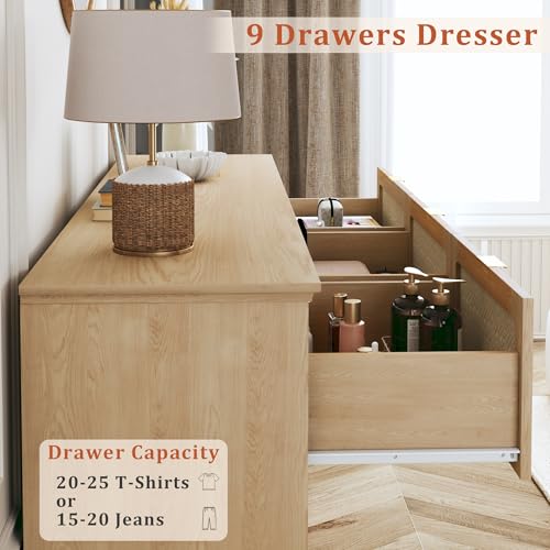 Image of HUAHUU 9 Drawer Dresser for Bedroom, 60 Inch Long Dressers & Rattan Chest of Drawers, Large TV Stand for 55, 65, 70 Inch TV, Boho Style, Modern Dresser for, Living Room, Entryway, Bedroom, Natural Oak